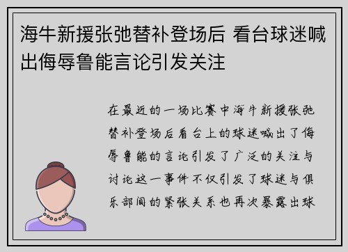 海牛新援张弛替补登场后 看台球迷喊出侮辱鲁能言论引发关注